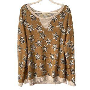 Hopely Womens Sweater 1XL Leopard Star Print Tan Waffle Knit Trim Soft Pullover